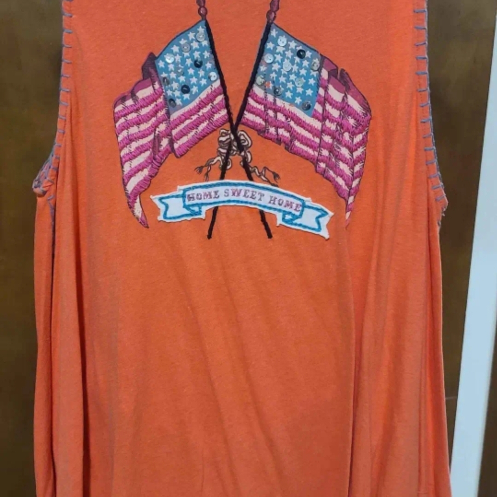 **SOLD! Orange Sleeveless Top with Flag Design